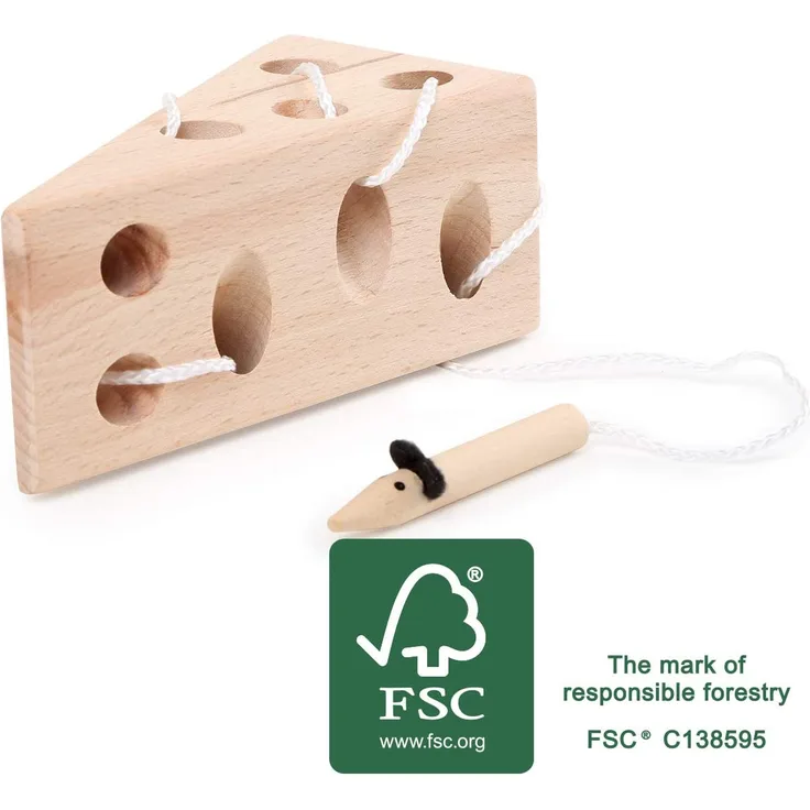 Small Foot 11053 Fädelspiel Käse und Maus aus Holz, FSC 100%-Zertifiziert Spielzeug, Mehrfarbig