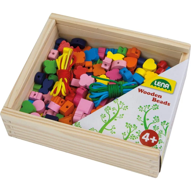 Lena 32020 - Bastelset Holzfädelperlen 164 Teile, 160 Fädelperlen aus Holz und 4 Schnüre in wiederverschließbarer Holzkassette, Holzperlen Set für Kinder ab 4 Jahre, Perlen Set für Schmuckketten - Preisvergleich – Bild 2