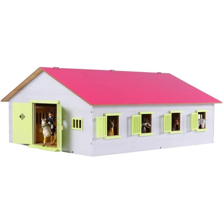 Van Manen Kids Globe Farming Reiterhof, Bauernhof mit 7 Pferdeboxen, Pferdehof aus Holz, mit Faltdach, 610189, rosa