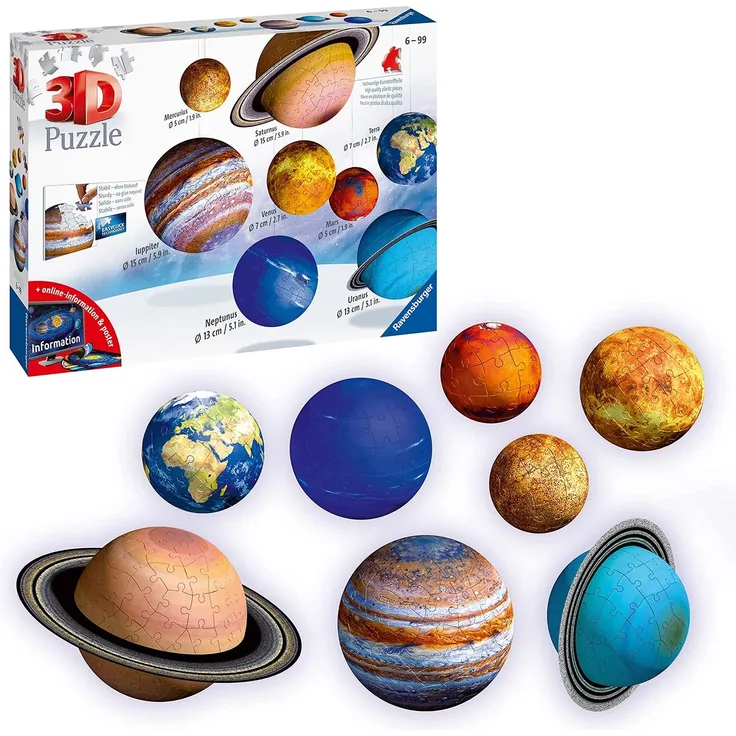 Ravensburger 3D Puzzle Planetensystem für Kinder ab 6 Jahren - 8 Puzzleball-Planeten als Sonnensystem Modell mit Poster - Modellbau ganz ohne Kleben