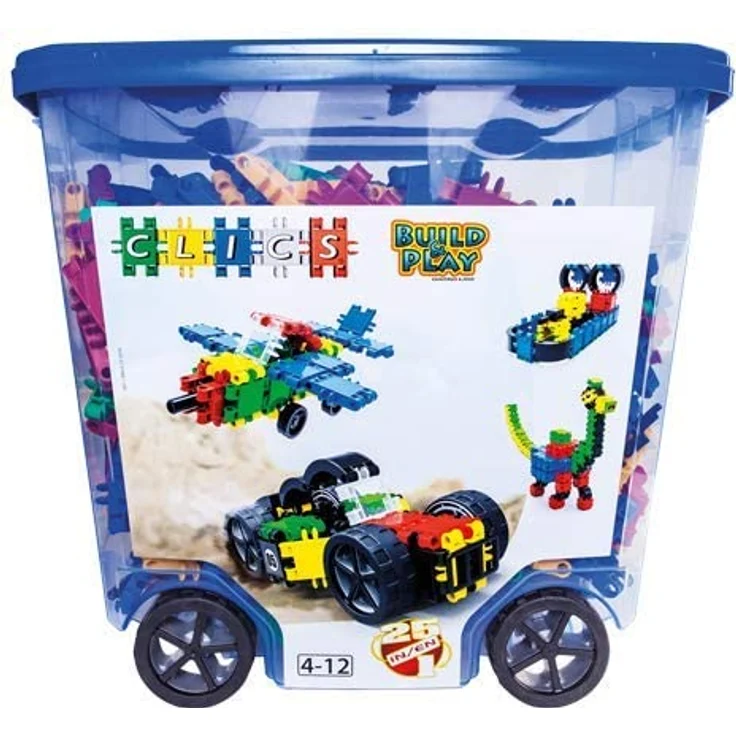 CLICS Konstruktionsspielzeug für Kinder ab 3 Jahre, kreatives Lernspielzeug im 750 Teile Set, Bausteine für Mädchen und Jungen, Montessori STEM-Spielzeug, Box mit Rollen 25 in 1, – Bild 2