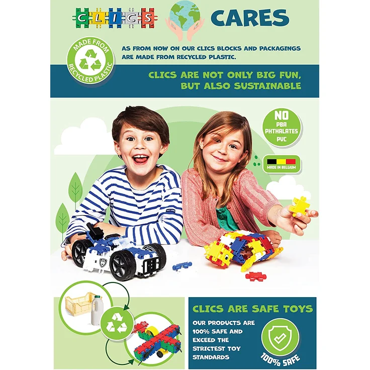 CLICS Konstruktionsspielzeug für Kinder ab 3 Jahre, kreatives Lernspielzeug im 750 Teile Set, Bausteine für Mädchen und Jungen, Montessori STEM-Spielzeug, Box mit Rollen 25 in 1, – Bild 5