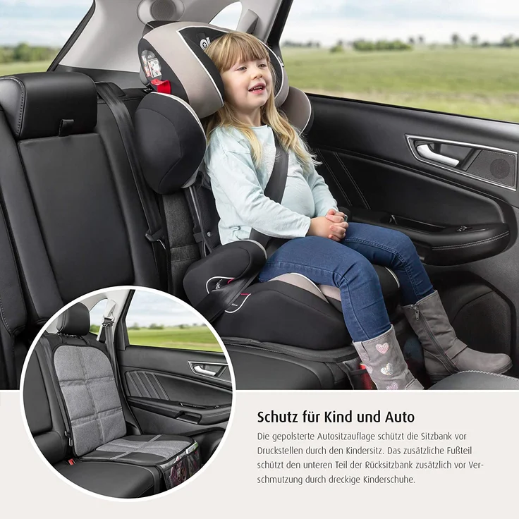 reer Kindersitz-Unterlage TravelKid MaxiProtect, Autositz-Schutzunterlage mit Rückenlehnen-Schutz, rutschfeste Unterlage, ISOFIX geeignet, für alle herkömmlichen Modelle, grau – Bild 3