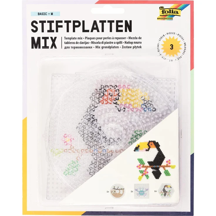 folia 73214 - Bügelperlen Stiftplatten Set Basic groß, 3 transparente Steckplatten für Bügelperlen mit einem Durchmesser von 5 mm, Kreis, Quadrat und Sechseck – Bild 1