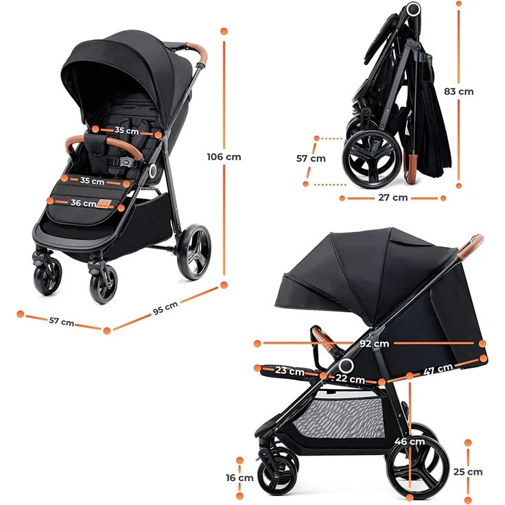 Kinderkraft GRANDE PLUS Kinderkraft buggy von Geburt bis 22 kg, Zusammenklappen mit einer Hand, Liegeposition, großes Verdeck mit Fenster, alle 4 Räder gedämpft, geräumige Sitz, Schwarz – Bild 6