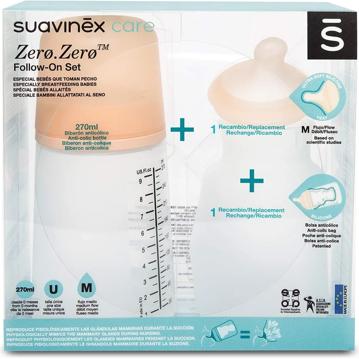 Suavinex, Set Zero Zero-Babyflasche. Anti-Kolik-Babyflasche 270 ml mit Sauger mit mittlerem Nahrungsfluss + Sauger mit mittlerem Nahrungsfluss + Nachfüllbeutel – Bild 1