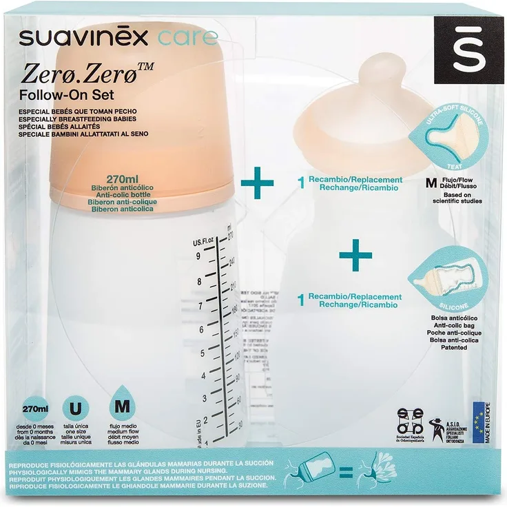 Suavinex, Set Zero Zero-Babyflasche. Anti-Kolik-Babyflasche 270 ml mit Sauger mit mittlerem Nahrungsfluss + Sauger mit mittlerem Nahrungsfluss + Nachfüllbeutel