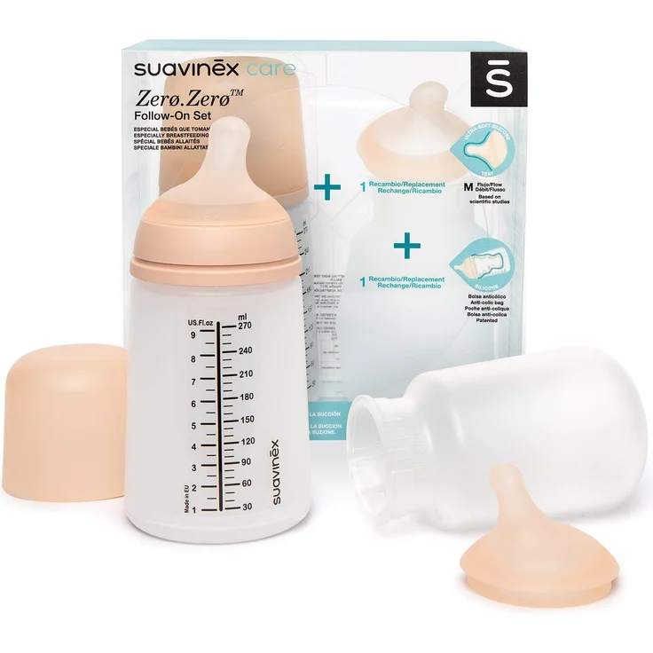 Suavinex, Set Zero Zero-Babyflasche. Anti-Kolik-Babyflasche 270 ml mit Sauger mit mittlerem Nahrungsfluss + Sauger mit mittlerem Nahrungsfluss + Nachfüllbeutel – Bild 2