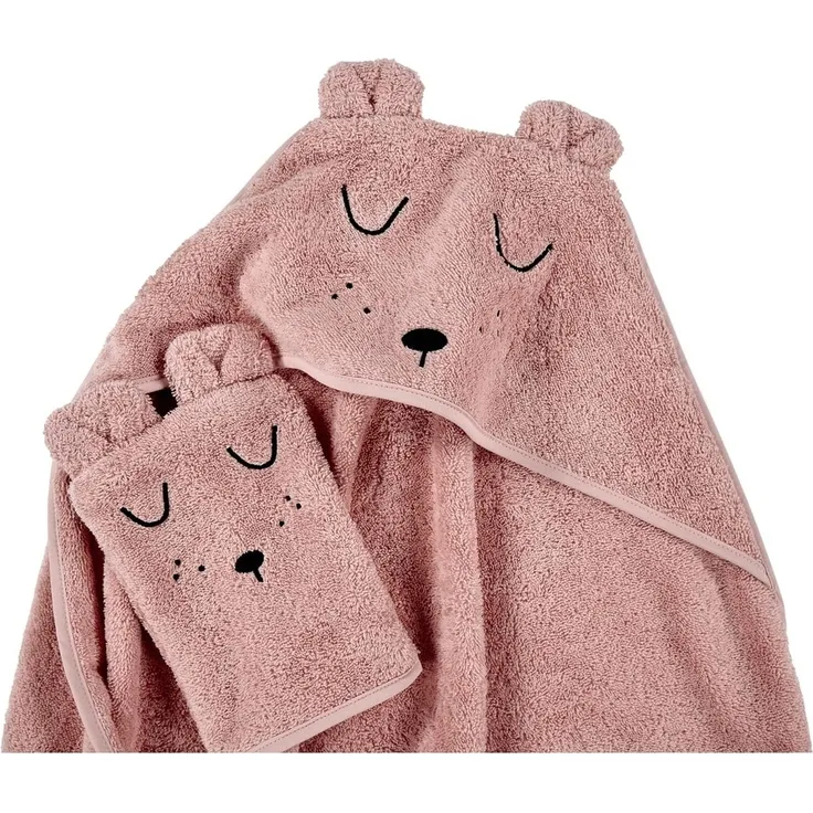 Alvi Frottier Set Kapuzenbadetuch & Waschhandschuh Faces rosa