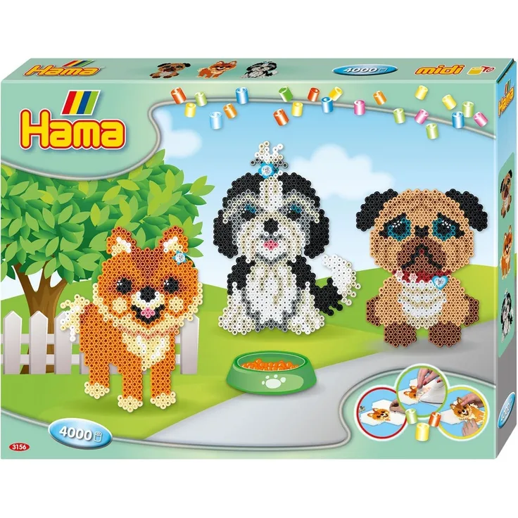 Hama Perlen 3156 Geschenk-Set Hunde mit ca. 4. 000 bunten Midi Bügelperlen mit Durchmesser 5 mm, Motivvorlage und Stiftplatten, inkl. Bügelpapier, kreativer Bastelspaß für Groß und Klein