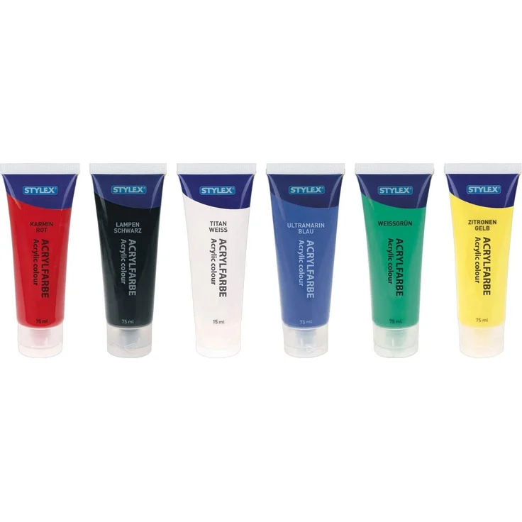 6er Set Acrylfarben, Weiß-gelb-rot-grün-blau-schwarz – Bild 2