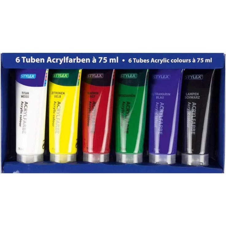 6er Set Acrylfarben, Weiß-gelb-rot-grün-blau-schwarz
