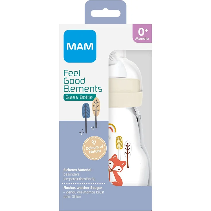 MAM Feel Good Babyflasche aus Glas (170 ml), Milchflasche mit weiter Öffnung, stabile Baby Trinkflasche mit Sauger Gr. 1, ab der Geburt, Hase/Fuchs – Bild 2