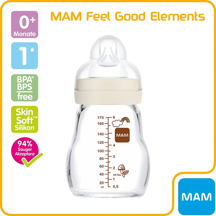 MAM Feel Good Babyflasche aus Glas (170 ml), Milchflasche mit weiter Öffnung, stabile Baby Trinkflasche mit Sauger Gr. 1, ab der Geburt, Hase/Fuchs – Bild 3