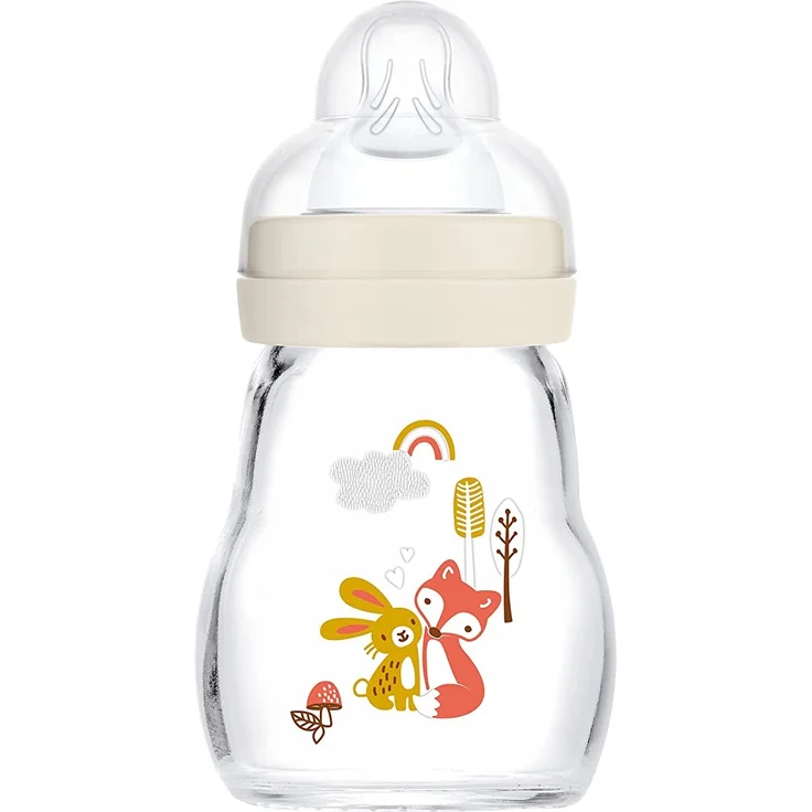 MAM Feel Good Babyflasche aus Glas (170 ml), Milchflasche mit weiter Öffnung, stabile Baby Trinkflasche mit Sauger Gr. 1, ab der Geburt, Hase/Fuchs – Bild 1