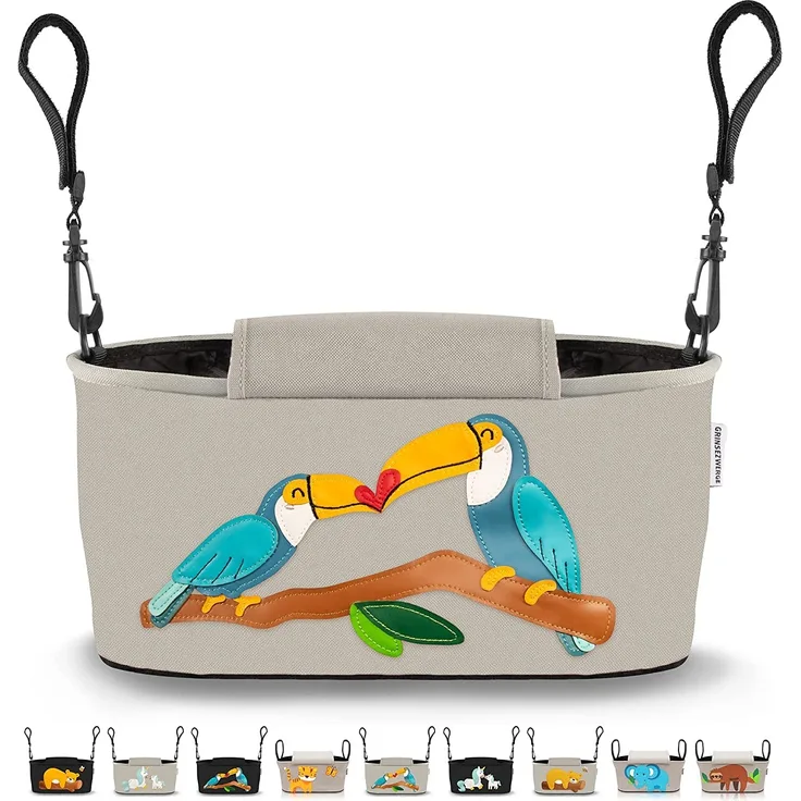 GRINSEZWERGE Kinderwagen Organizer 12 Motive mit Feuchttuchspender I Kinderwagen Tasche mit Schultergurt I Kinder Buggy Organizer I Kinderwagentasche Aufbewahrungstasche Baby Stroller Bag grau Tukan