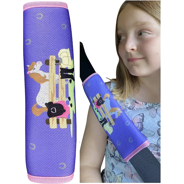 HECKBO® 1x Auto Gurtschutz mit niedlichen Pferd Pony Bauernhof Motiv - Sicherheitsgurt Schulterpolster Gurtschoner Autositze Gurtpolster für Kinder, Mädchen - Schutz vor dem Einschneiden