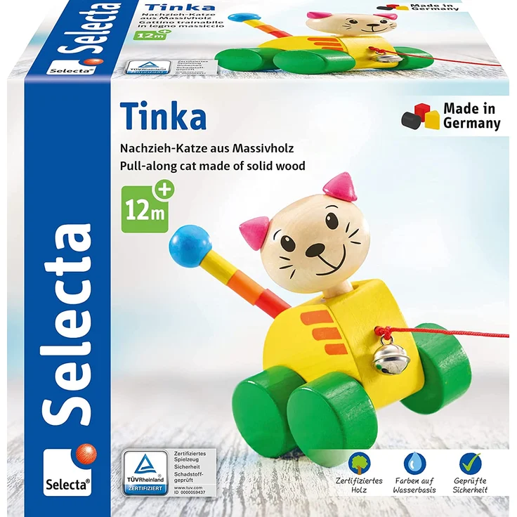 Selecta 62035 Tinka, Nachzieh Katze, Schiebe-und Nachziehspielzeug aus Holz, 12 cm – Bild 1