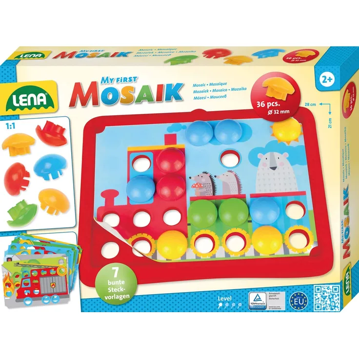Lena 35633 erstes Mosaik Verkehr, Steckmosaik mit 36 Steckern, Mosaiksteine mit Ø 32 mm, Mosaikspiel mit 7 Steckvorlagen, Steckspiel für Kinder ab 2 Jahre, My First Mosaic Bastelset