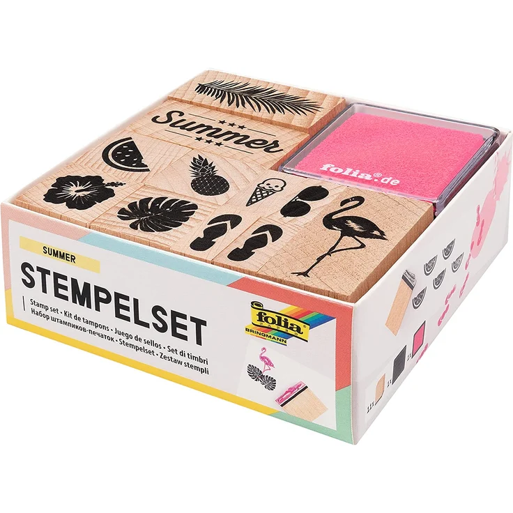 folia 31101 - Holzstempelset Summer, inklusive 11 Holzstempel und 2 Stempelkissen - ideal zum Verzieren von Karten, Freundschaftsbüchern, für Lettering und Scrapbooking – Bild 2