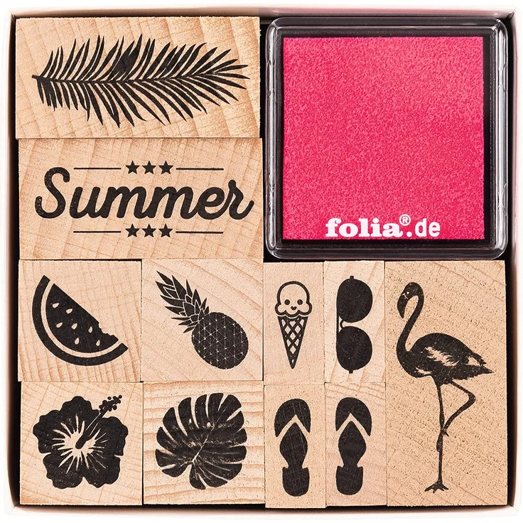 folia 31101 - Holzstempelset Summer, inklusive 11 Holzstempel und 2 Stempelkissen - ideal zum Verzieren von Karten, Freundschaftsbüchern, für Lettering und Scrapbooking – Bild 6