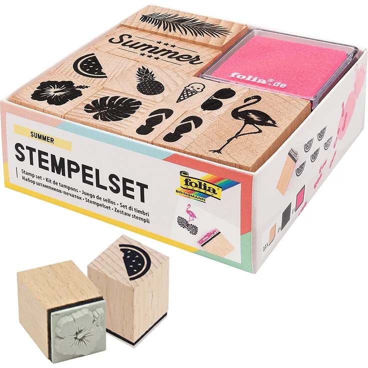 folia 31101 - Holzstempelset Summer, inklusive 11 Holzstempel und 2 Stempelkissen - ideal zum Verzieren von Karten, Freundschaftsbüchern, für Lettering und Scrapbooking