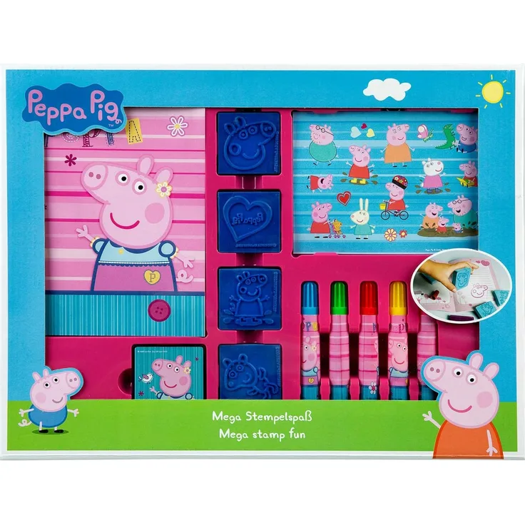 Undercover PIGP5482 Mega Stempelspaß Peppa Pig, mit Stempeln, Stempelkissen, Fasermalern, Stickerblatt und Malheft, 12 teilig