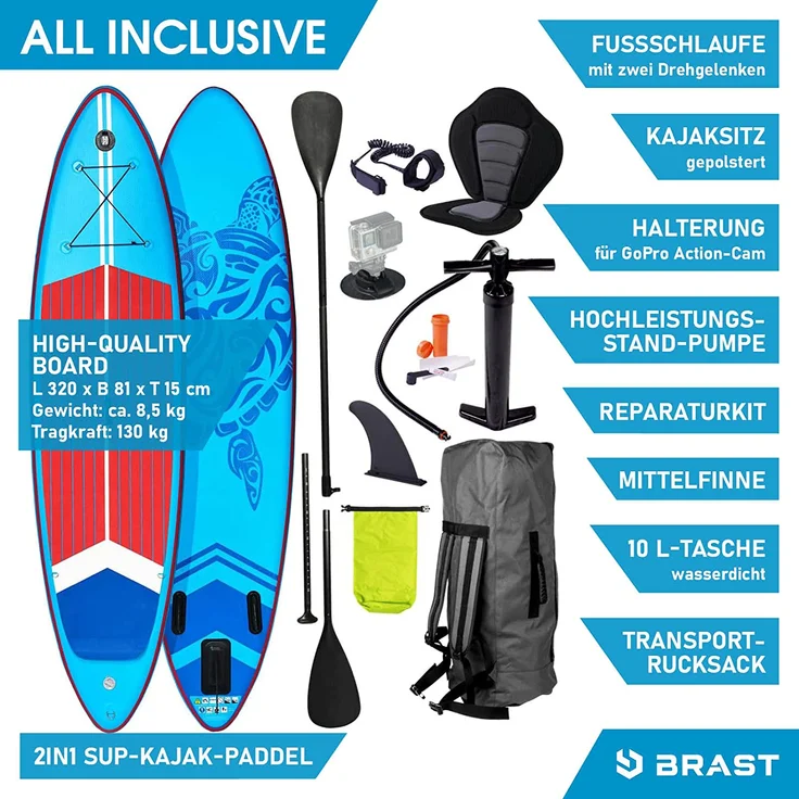 BRAST SUP Board SUPER Set Aufblasbares Stand up Paddle mit extra Zubehör 320x81x15cm Blau incl. Kajaksitz Kamerahalterung Paddel Fußschleife Rucksack Pumpe - Preisvergleich – Bild 7