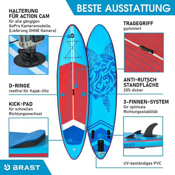 BRAST SUP Board SUPER Set Aufblasbares Stand up Paddle mit extra Zubehör 320x81x15cm Blau incl. Kajaksitz Kamerahalterung Paddel Fußschleife Rucksack Pumpe - Preisvergleich – Bild 5