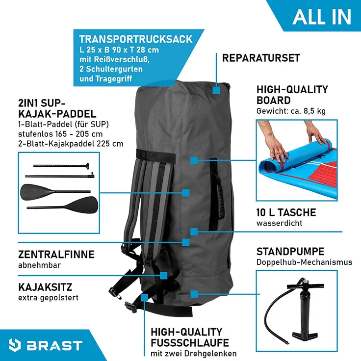 BRAST SUP Board SUPER Set Aufblasbares Stand up Paddle mit extra Zubehör 320x81x15cm Blau incl. Kajaksitz Kamerahalterung Paddel Fußschleife Rucksack Pumpe - Preisvergleich – Bild 8