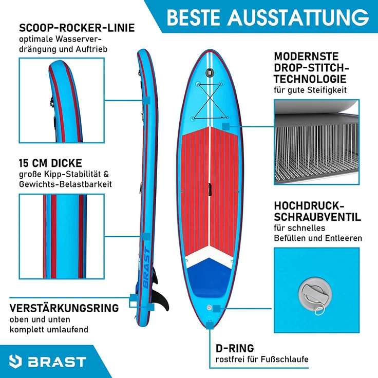 BRAST SUP Board SUPER Set Aufblasbares Stand up Paddle mit extra Zubehör 320x81x15cm Blau incl. Kajaksitz Kamerahalterung Paddel Fußschleife Rucksack Pumpe - Preisvergleich – Bild 4