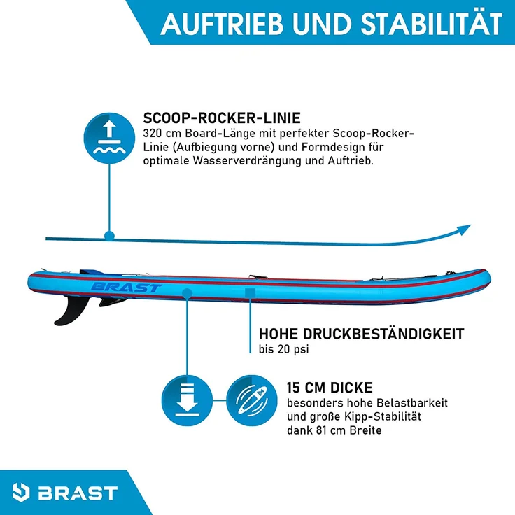 BRAST SUP Board SUPER Set Aufblasbares Stand up Paddle mit extra Zubehör 320x81x15cm Blau incl. Kajaksitz Kamerahalterung Paddel Fußschleife Rucksack Pumpe - Preisvergleich – Bild 6