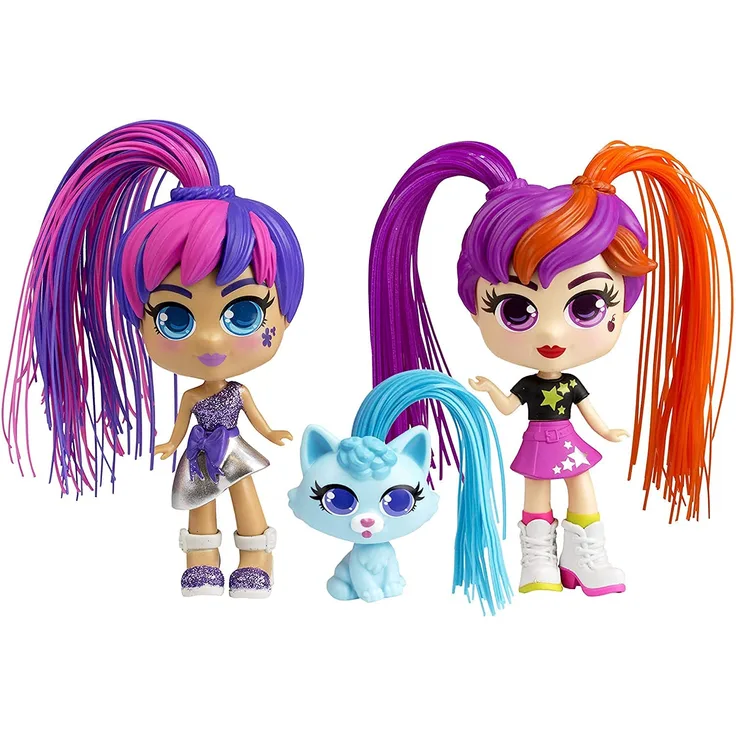 82080 CURLIGIRLS - Puppen - Curligirls Zwillingsset mit Haustier - magische Haare für unendlich viele Frisuren - 2 Puppen und 1 Tier - inklusive Accessoires - Puppe 15 cm - Tier 6 cm