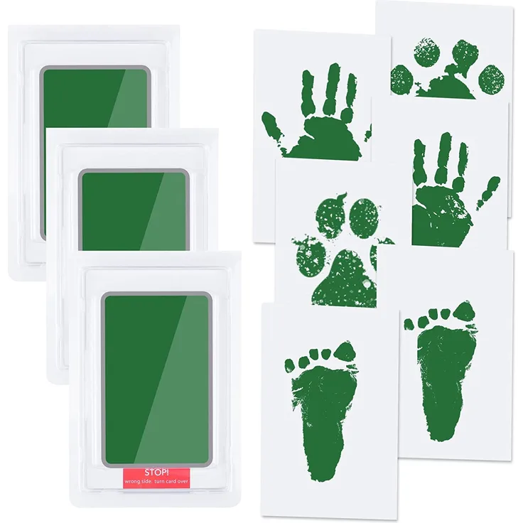 Vicloon Baby Abdruck Set, Baby Handabdruck und Fußabdruck mit 3 x Clean Touch Stempelkissen und 6 x Druckkarten, Babyhaut Kommt Nicht Farbe in Berührung, für Familie Geschenk - Grün