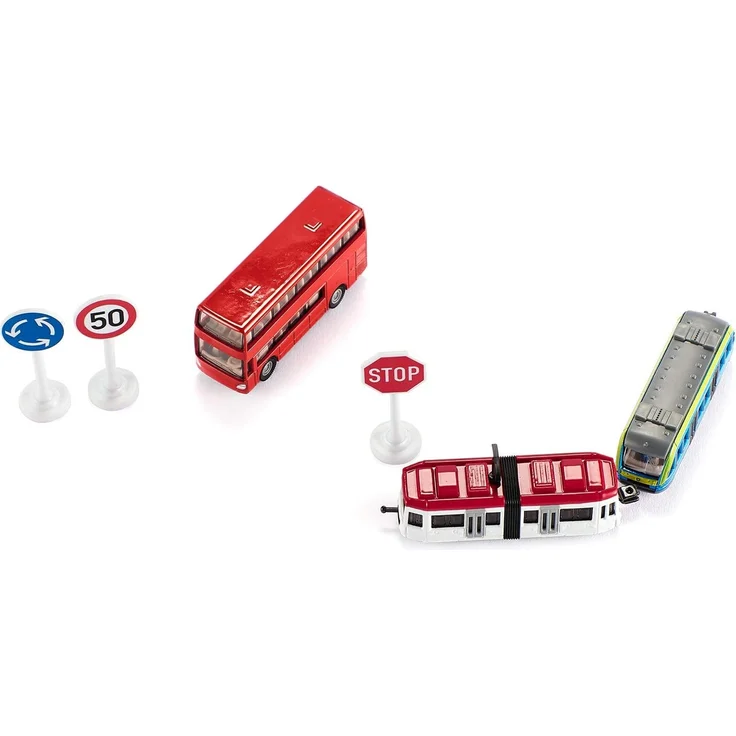 SIKU 6303, Geschenkset - Nahverkehr, Metall/Kunststoff, Multicolor, 1 Doppelstock-Reisebus, 1 Straßenbahn, 1 Nahverkehrszug, 3 Schilder – Bild 2