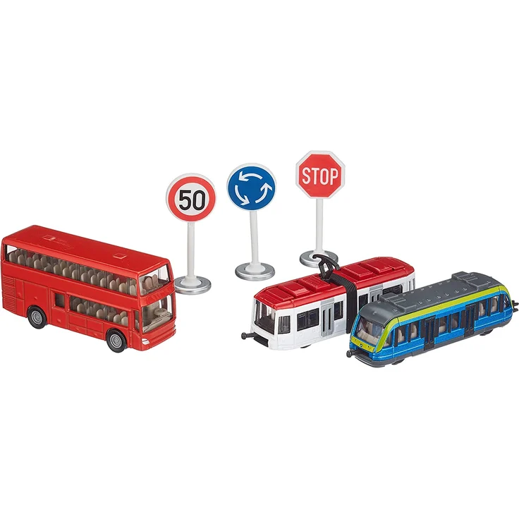 SIKU 6303, Geschenkset - Nahverkehr, Metall/Kunststoff, Multicolor, 1 Doppelstock-Reisebus, 1 Straßenbahn, 1 Nahverkehrszug, 3 Schilder – Bild 1