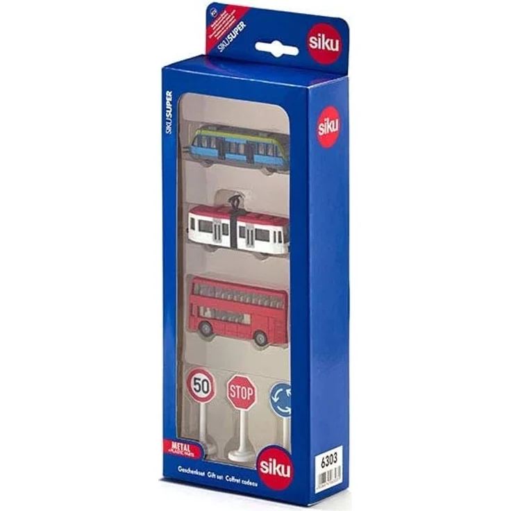 SIKU 6303, Geschenkset - Nahverkehr, Metall/Kunststoff, Multicolor, 1 Doppelstock-Reisebus, 1 Straßenbahn, 1 Nahverkehrszug, 3 Schilder – Bild 7