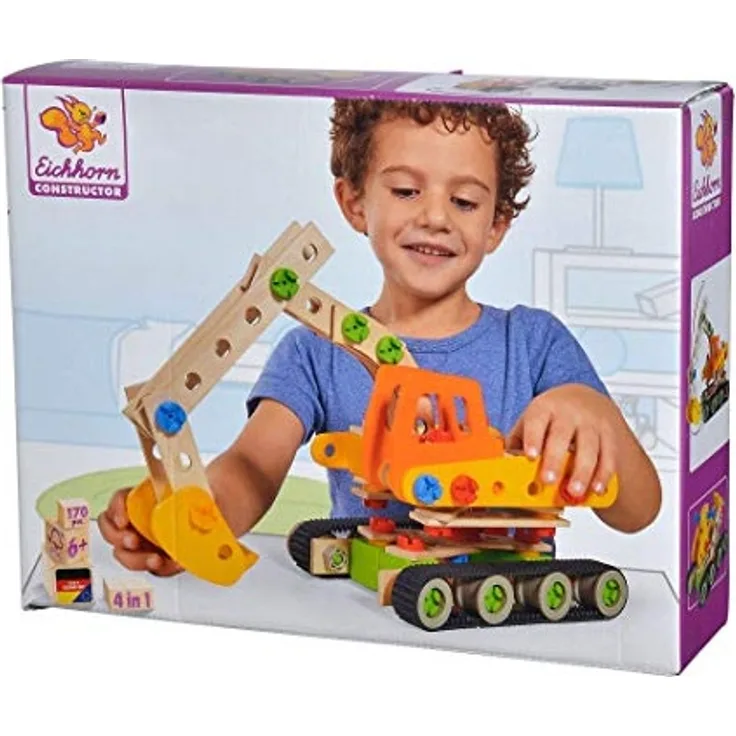 Eichhorn Constructor Raupenbagger, vielseitiges Holzspielzeug, 170 Bauteile, 4 verschiedene Konstruktionen, FSC 100% zertifiziertes Buchenholz, Hergestellt in Deutschland, für Kinder ab 6 Jahren