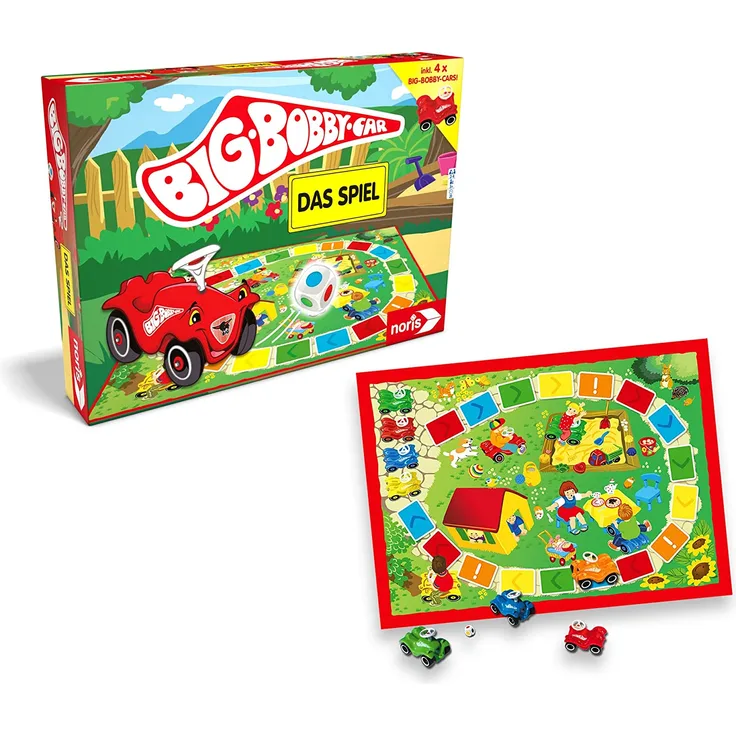 Noris BIG-BOBBY-CAR, Das Spiel - ein lustiges Würfel-Rennspiel für alle Fans - inkl. vier Mini Bobby Cars, ab 3 Jahren