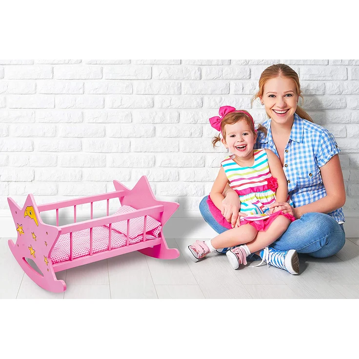 small foot 2865 Puppenwiege Stern aus Holz, in rosa mit Mond und Sternen, für Puppen bis 45 cm, ab 3 Jahren – Bild 3