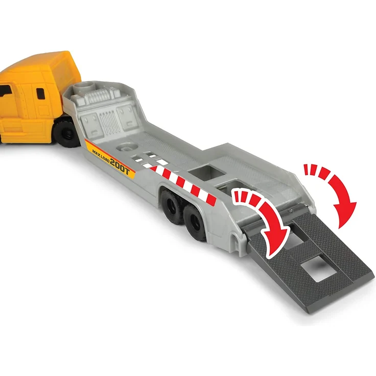 Dickie Toys Volvo Mack Truck, mit 2 Volvo Fahrzeugen auf Anhänger, Muldenkipper & Radlader, Anhänger zum Abkoppeln, bewegliche Teile, 32 cm Gesamtlänge, Sandkasten, gelb/grau – Bild 4