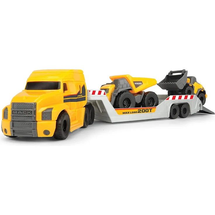 Dickie Toys Volvo Mack Truck, mit 2 Volvo Fahrzeugen auf Anhänger, Muldenkipper & Radlader, Anhänger zum Abkoppeln, bewegliche Teile, 32 cm Gesamtlänge, Sandkasten, gelb/grau – Bild 1