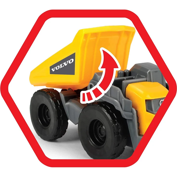 Dickie Toys Volvo Mack Truck, mit 2 Volvo Fahrzeugen auf Anhänger, Muldenkipper & Radlader, Anhänger zum Abkoppeln, bewegliche Teile, 32 cm Gesamtlänge, Sandkasten, gelb/grau – Bild 6