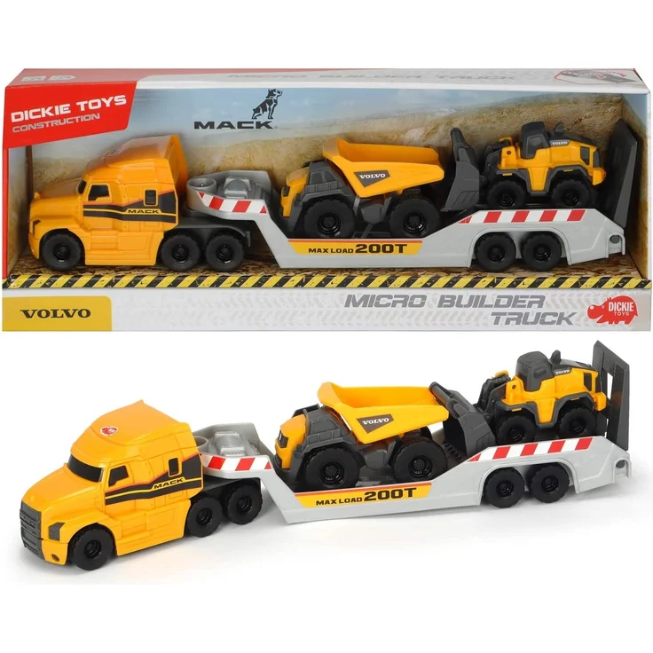 Dickie Toys Volvo Mack Truck, mit 2 Volvo Fahrzeugen auf Anhänger, Muldenkipper & Radlader, Anhänger zum Abkoppeln, bewegliche Teile, 32 cm Gesamtlänge, Sandkasten, gelb/grau – Bild 9