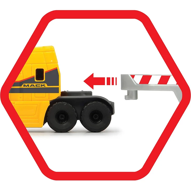 Dickie Toys Volvo Mack Truck, mit 2 Volvo Fahrzeugen auf Anhänger, Muldenkipper & Radlader, Anhänger zum Abkoppeln, bewegliche Teile, 32 cm Gesamtlänge, Sandkasten, gelb/grau – Bild 8