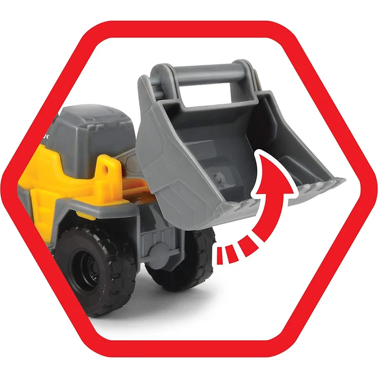 Dickie Toys Volvo Mack Truck, mit 2 Volvo Fahrzeugen auf Anhänger, Muldenkipper & Radlader, Anhänger zum Abkoppeln, bewegliche Teile, 32 cm Gesamtlänge, Sandkasten, gelb/grau – Bild 5