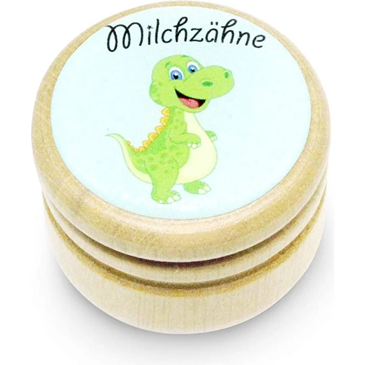 Milchzahndose, Zahndose Milchzähne Bilderdose aus Holz mit Drehverschluss in diversen Motiven für Jungen und Mädchen mit Drehverschluss 44 mm (DINO) -Made in EU-7014 – Bild 1