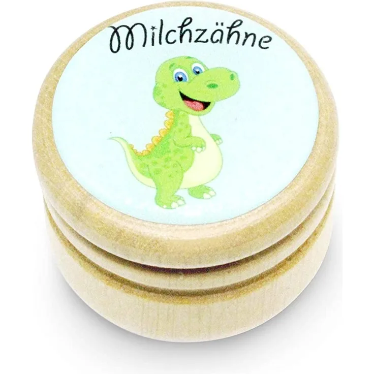 Milchzahndose, Zahndose Milchzähne Bilderdose aus Holz mit Drehverschluss in diversen Motiven für Jungen und Mädchen mit Drehverschluss 44 mm (DINO) -Made in EU-7014