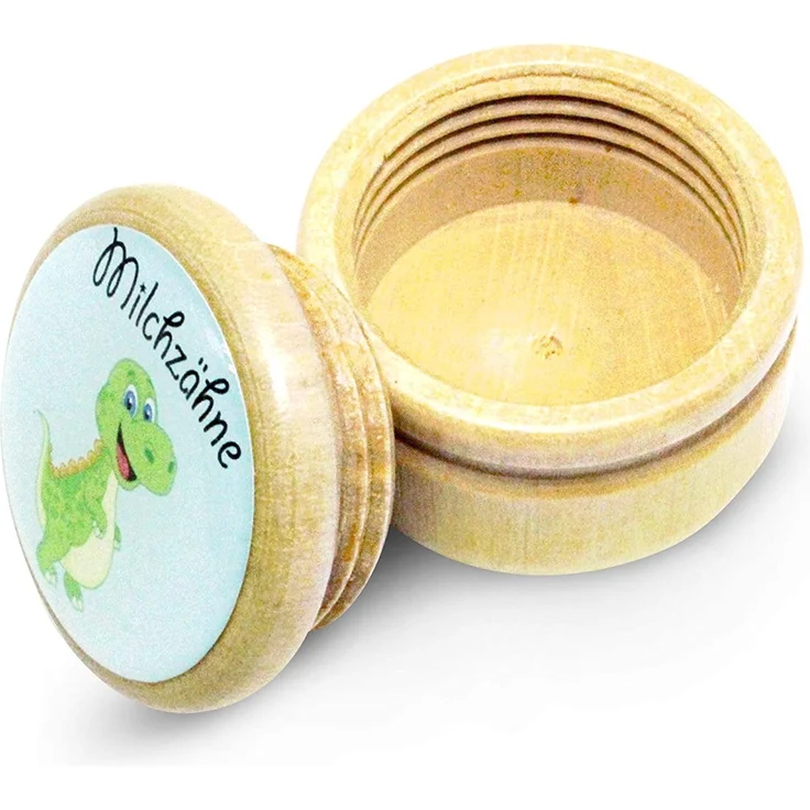 Milchzahndose, Zahndose Milchzähne Bilderdose aus Holz mit Drehverschluss in diversen Motiven für Jungen und Mädchen mit Drehverschluss 44 mm (DINO) -Made in EU-7014 – Bild 2