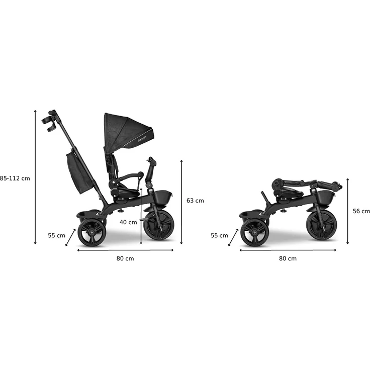 Lionelo Kori Dreirad mit Schubstange für Kinder ab 1,5 bis 5 Jahre drehbarer Sitz Magnesium-Rahmen wartungsfreie Gummiräder freies Rad abnehmbares Vordach (Grau) – Bild 3